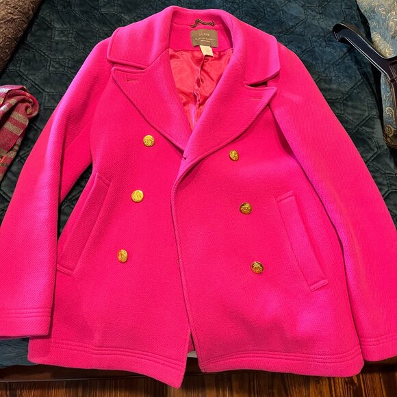 J CREW Double Breasted Fushia Wool Coat - Size 8 - Picture 1 of 5